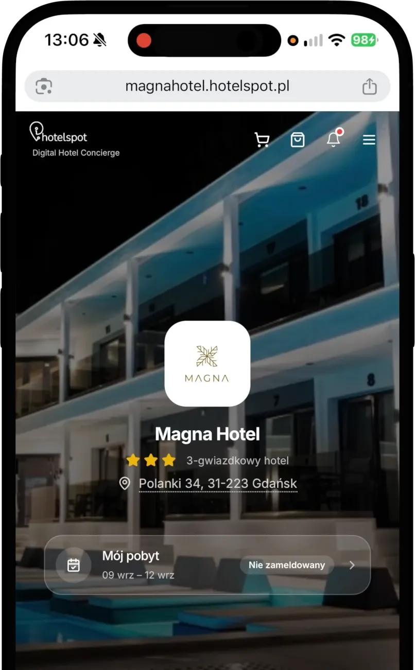 Aplikacja gościa hotelspot: ekran główny hotelu z zamówieniami